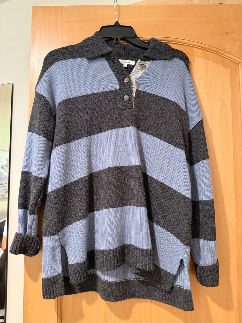 Madewell Blue and Charcoal Striped Collared Knit Sweater